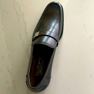 Black Ferragamo Men’s Loafers with Silver Side Buckles